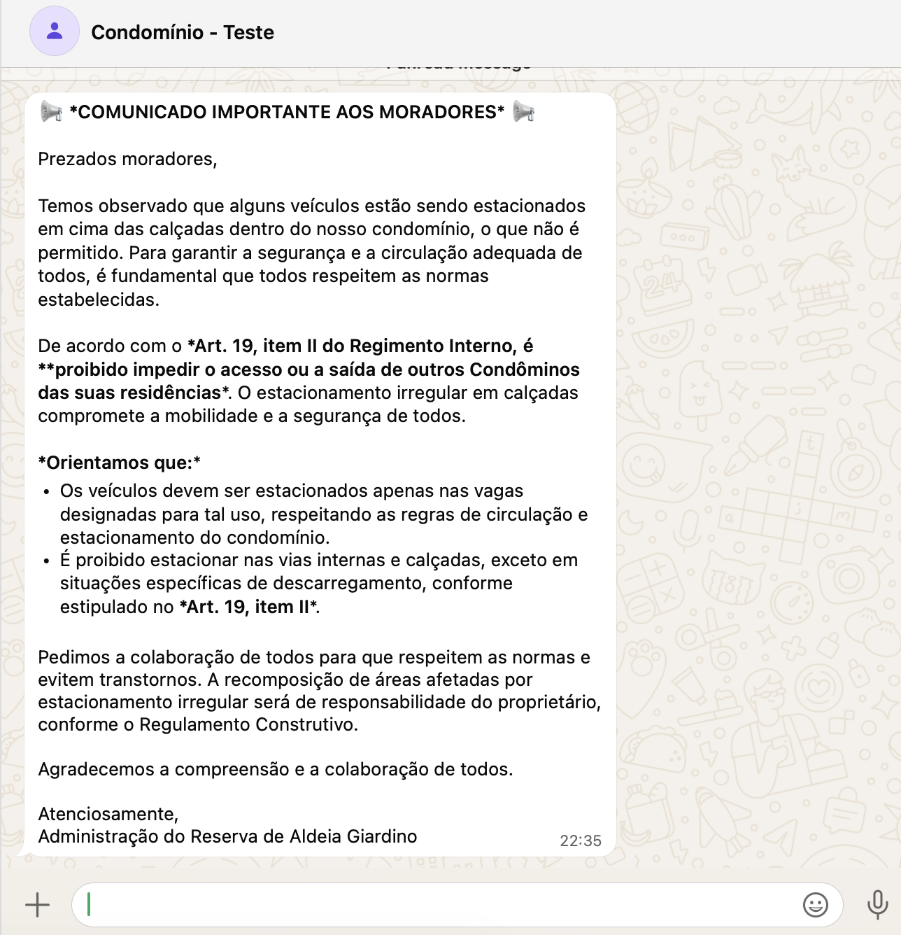 Comunicado formal recebido pelos moradores via WhatsApp