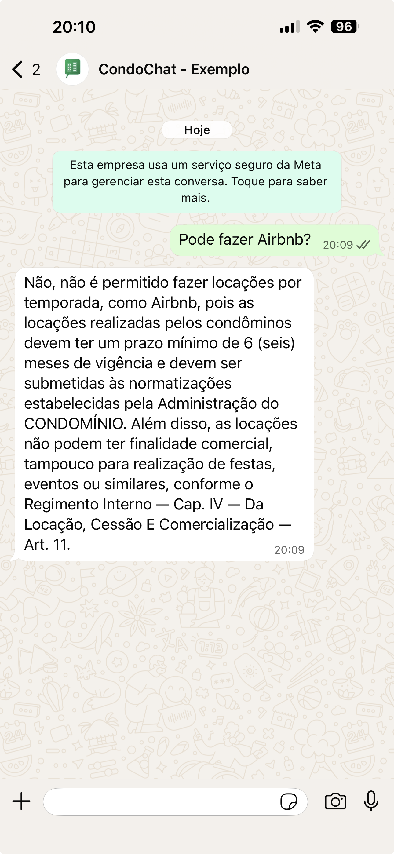 CondoChat respondendo sobre Airbnb com citação do Regimento Interno e Convenção Condominial