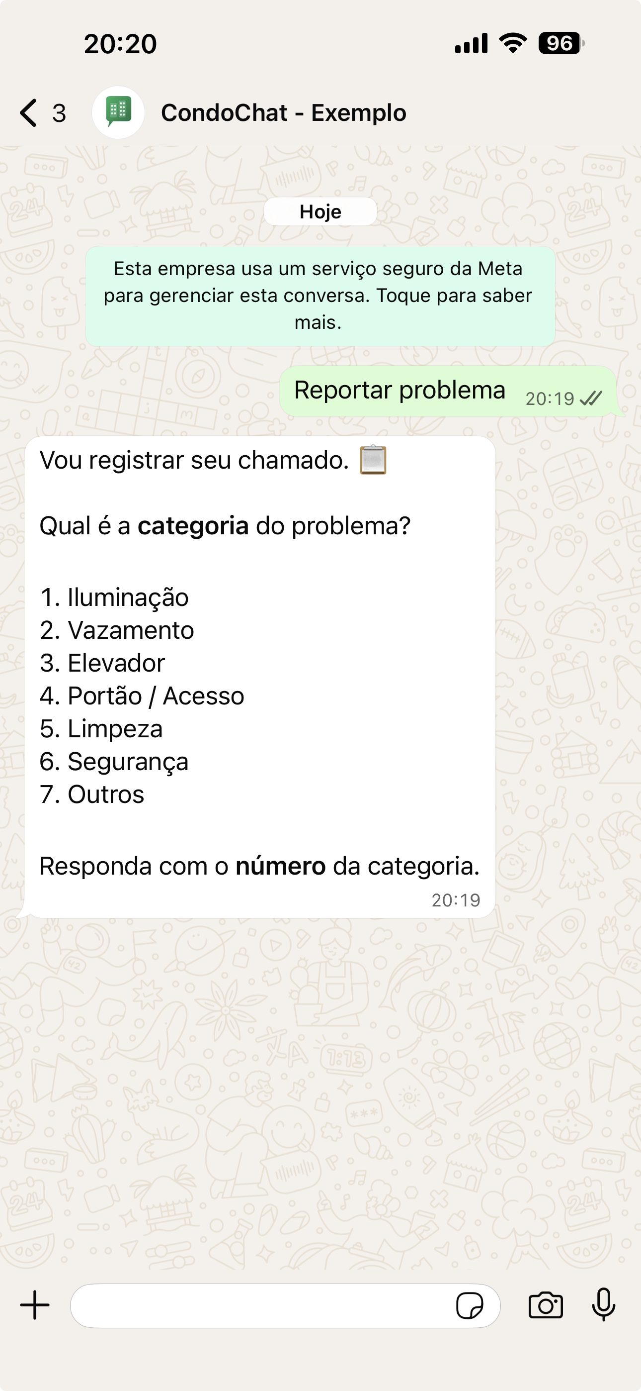 Abertura de chamado via WhatsApp — categorias de problema
