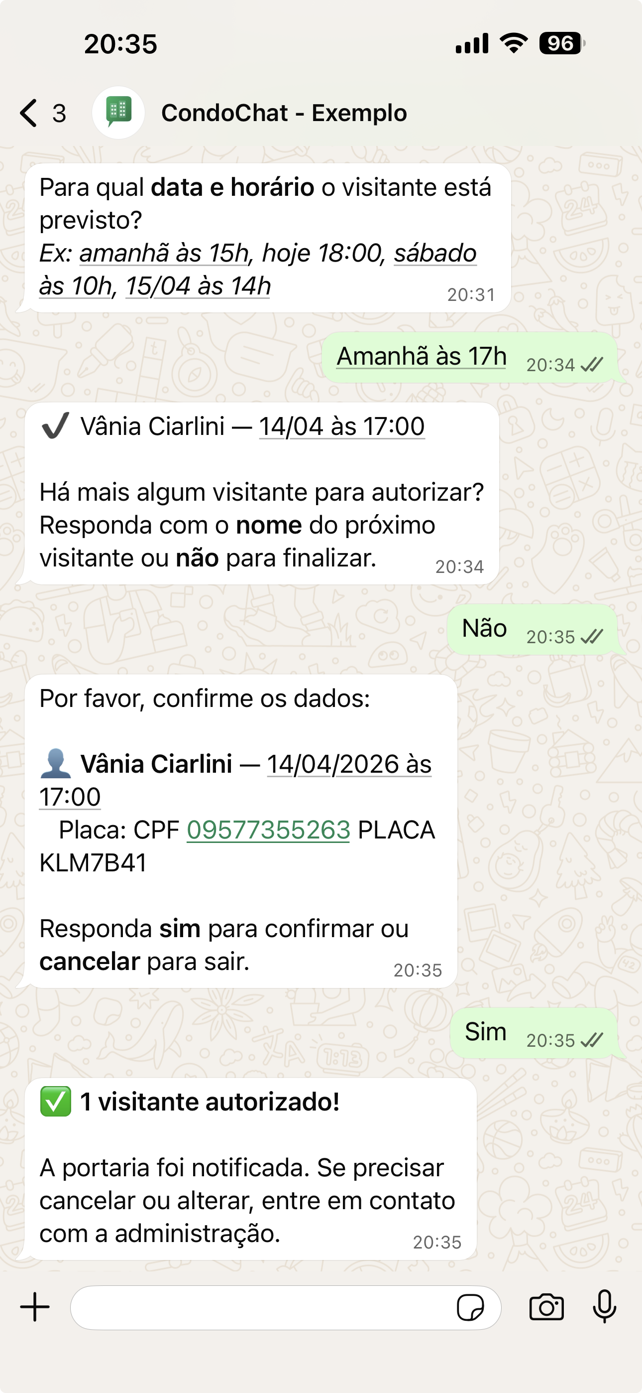 Confirmação: 1 visitante autorizado