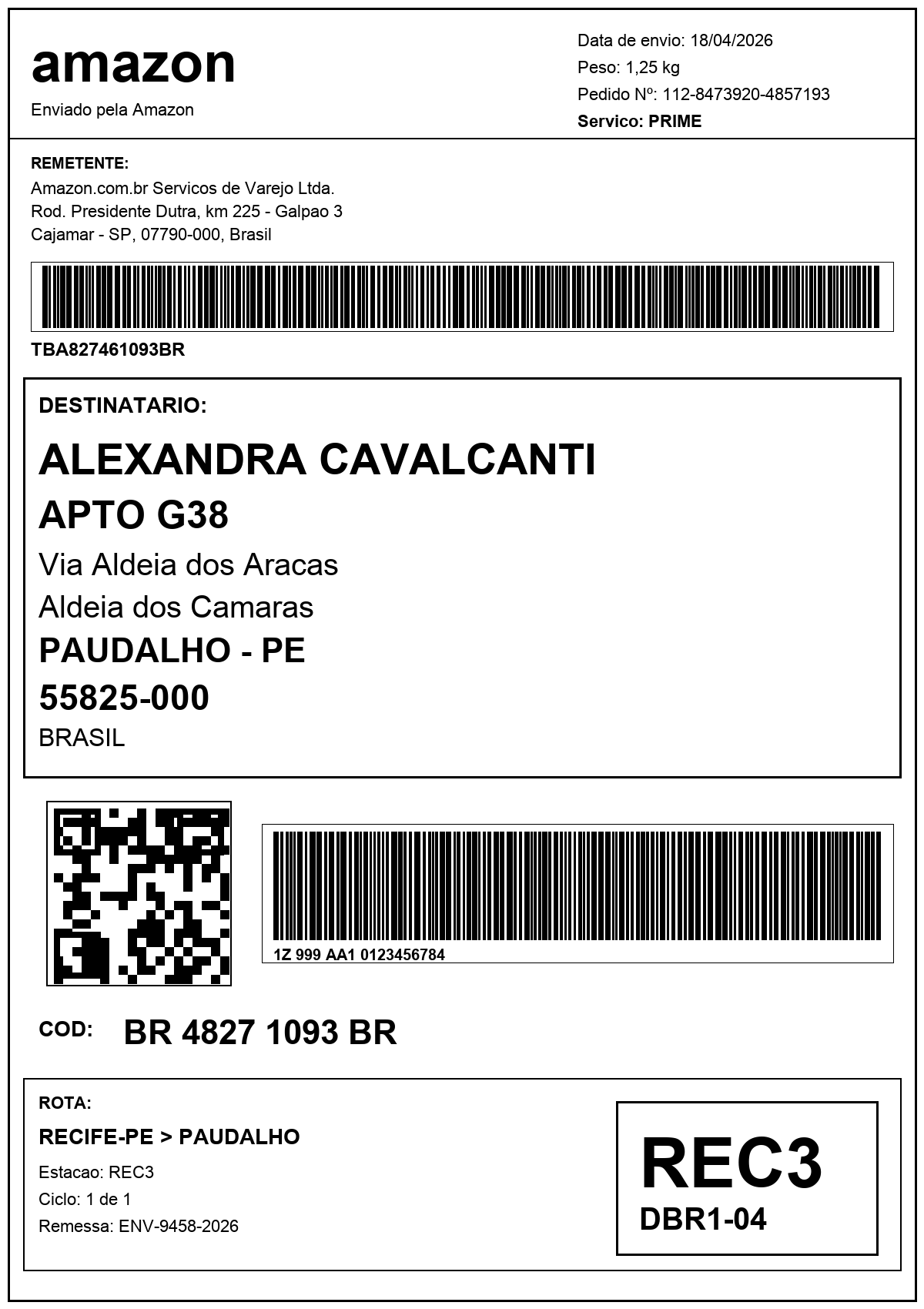 Exemplo de etiqueta de encomenda