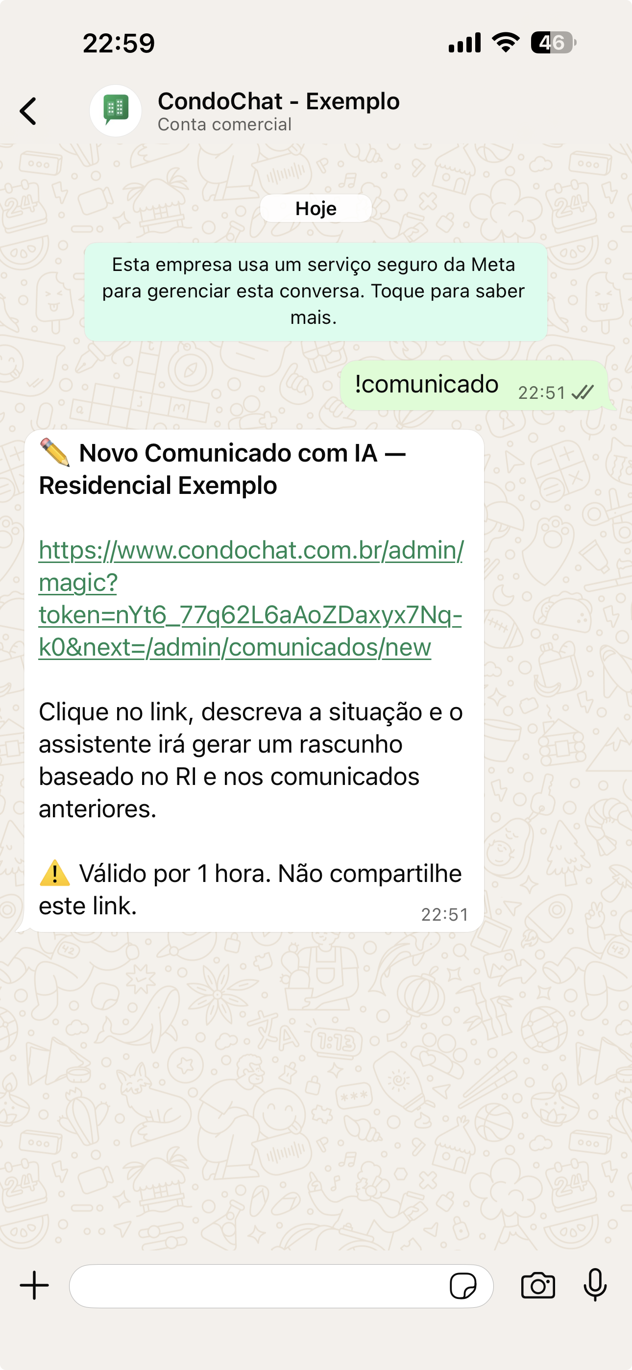 Comando !comunicado no WhatsApp retorna link seguro